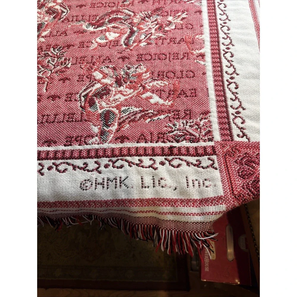 Vintage 90s Christmas Tapestry Blanket Red Angel Cherub Rejoice Peace on‎ Earth
